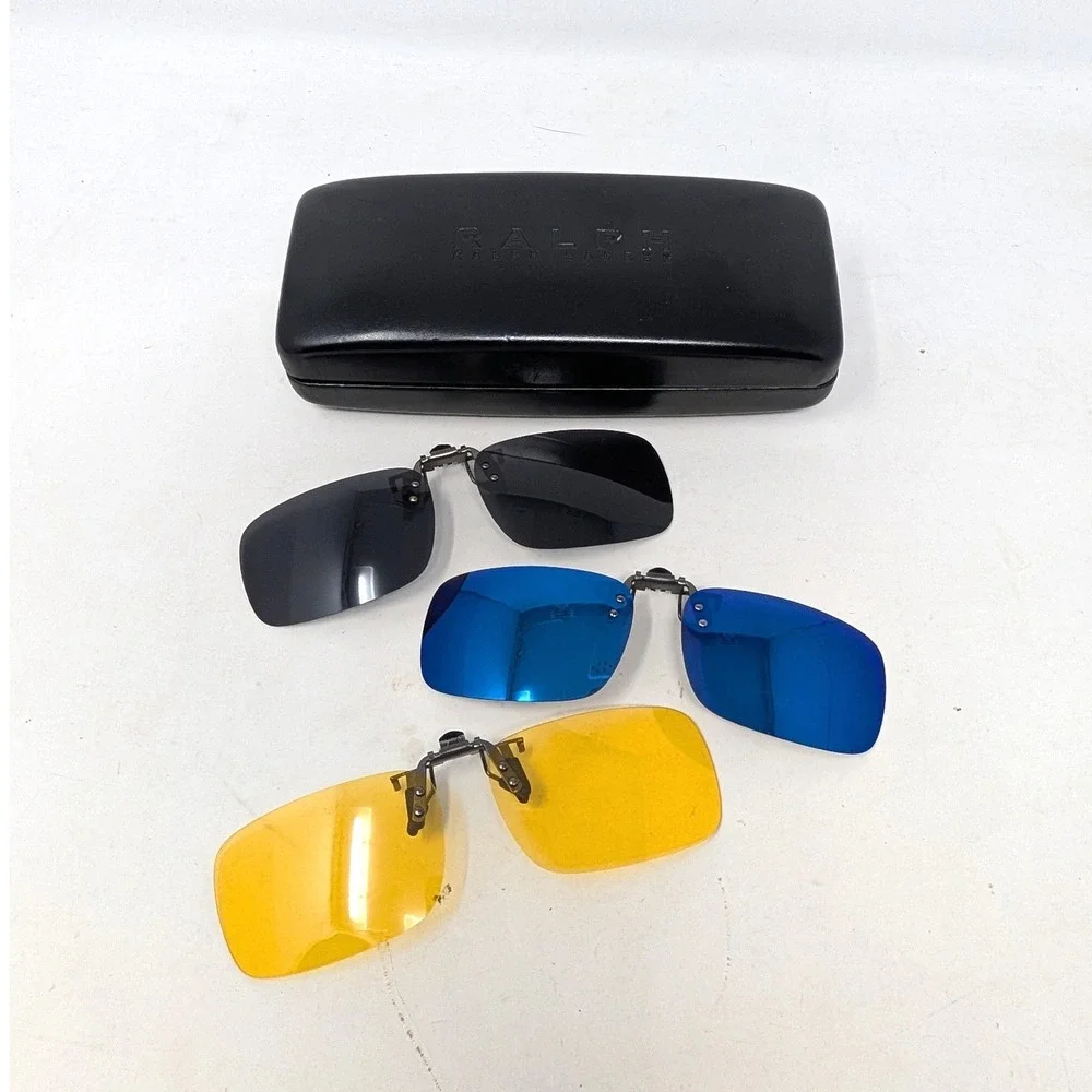 Set of 3 Clip On Sunglasses Lenses Blue Mirror Yellow Smoke with Ralph Case